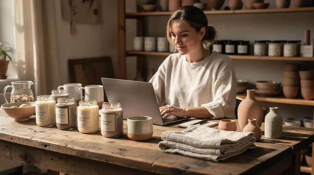 A person is sitting at a wooden desk, focused on their laptop, while surrounded by various handmade craft products, including colorful candles and unique ceramics. This cozy workspace reflects the creativity of an Etsy seller, highlighting the importance of using effective Etsy SEO tools for optimizing their listings and driving traffic to their shop.