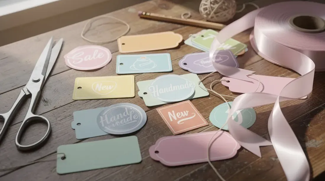The image features a vibrant assortment of colorful product tags and labels scattered across a crafting table, accompanied by scissors and ribbon, creating a lively scene perfect for Etsy sellers looking to enhance their listings. This creative setup may inspire ideas for optimized product descriptions and effective keyword research to drive traffic to an Etsy shop.