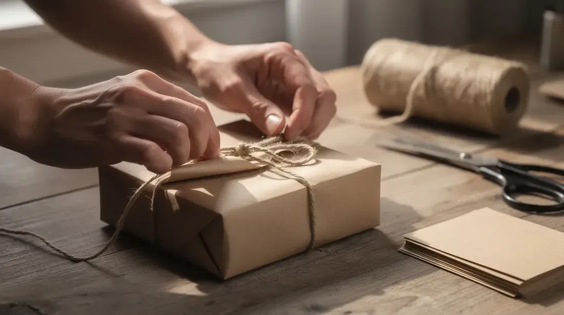 The image shows hands gently wrapping a handmade product in brown paper and twine, preparing it for shipping, highlighting the care and attention that Etsy sellers put into their packaging. This thoughtful presentation is essential for optimizing Etsy listings and enhancing the customer experience.
