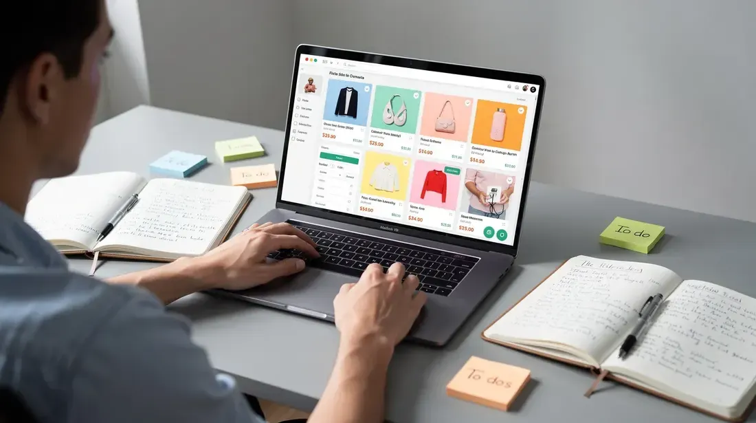A person is sitting at a desk with a laptop displaying a product marketplace, surrounded by notebooks and sticky notes. The scene suggests a focus on researching keywords for an Etsy shop, highlighting the importance of Etsy SEO tools and effective product listings.