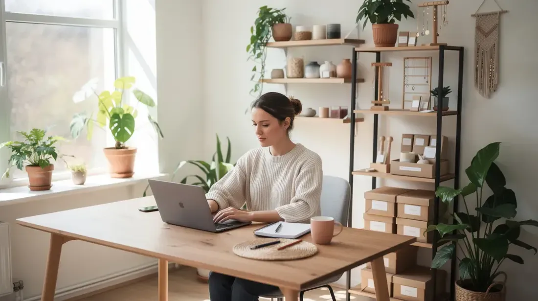 A person is seated at a desk in a bright home office, focused on their laptop, while vibrant plants and shelves filled with handmade products create a cozy atmosphere in the background. This setting is ideal for Etsy sellers looking to enhance their shop's performance using effective Etsy SEO tools and keyword research strategies.