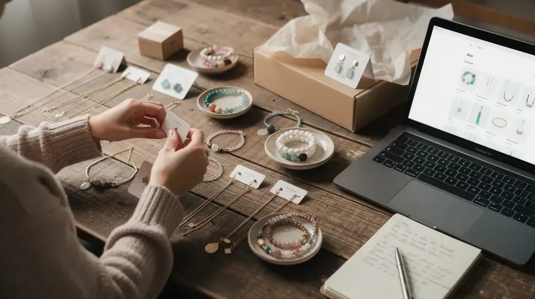 The image shows a person carefully organizing handmade jewelry on a wooden table, with a laptop open nearby displaying various Etsy SEO tools and keyword research data. This setup suggests they are preparing to optimize their Etsy shop listings to boost sales and attract more Etsy shoppers.