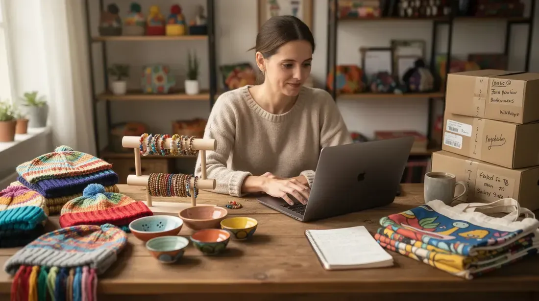 The image shows a person sitting at a desk, focused on their laptop while surrounded by colorful handmade products, suggesting an Etsy shop owner's workspace. Nearby, various tools and materials hint at their efforts in keyword research and listing optimization to boost sales and improve their Etsy store's visibility.