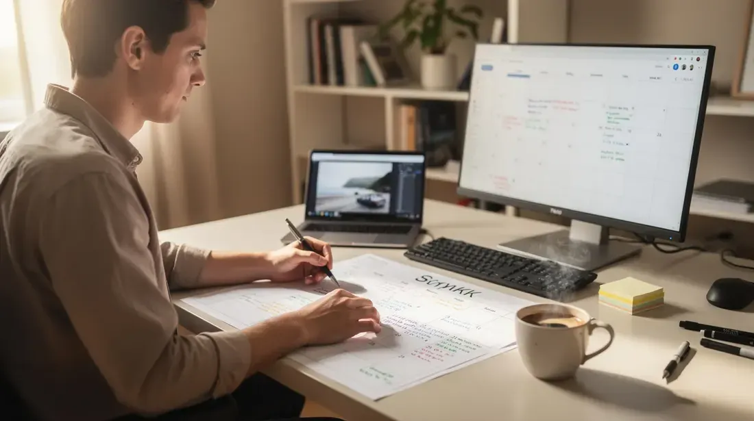 A person is sitting at a computer desk, sipping coffee while planning their weekly workflow on a calendar. The scene suggests a focus on organization and productivity, potentially involving keyword research and strategies for optimizing an Etsy shop.