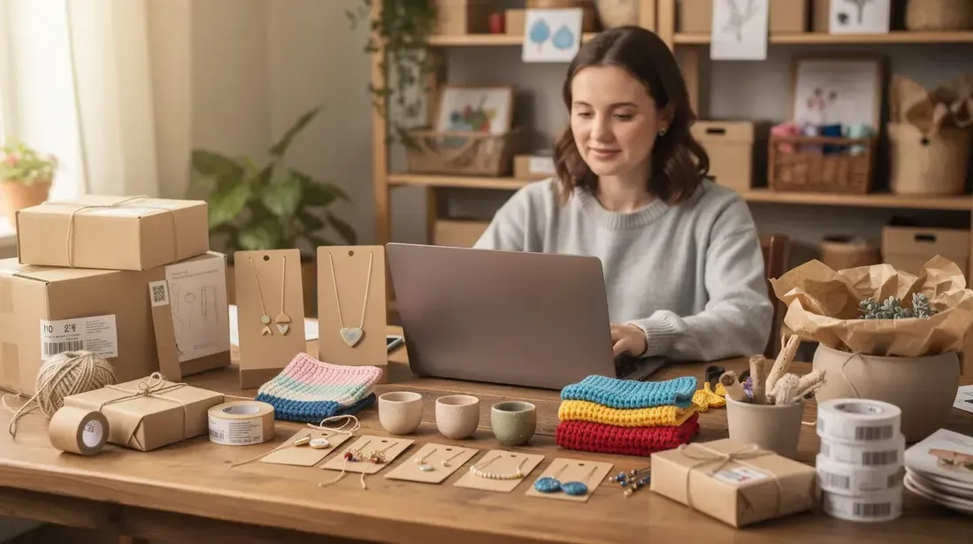 A person is seated at a desk, focused on a laptop surrounded by an array of handmade crafts and packaging materials, indicative of an Etsy shop owner engaging in product research and optimizing their listings. The scene reflects the creative atmosphere of an Etsy business, where keyword research tools and market trends are essential for success.