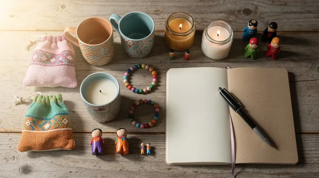 The image features a vibrant assortment of colorful handmade products neatly arranged on a wooden table, accompanied by a notebook and pen, suggesting a creative workspace for Etsy sellers focused on product research and keyword ideas for their listings. This setting reflects a blend of artistry and business strategy, ideal for optimizing Etsy SEO and understanding market trends.