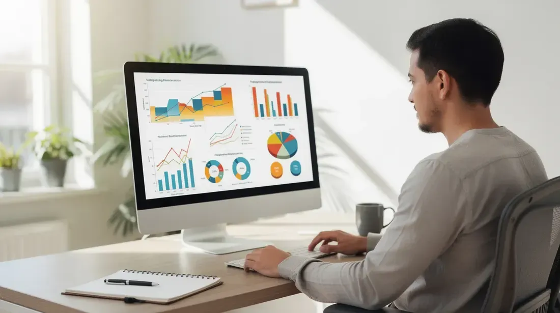 A person is intently reviewing various charts and graphs displayed on a computer screen in a bright home office, likely analyzing keyword performance and market trends to optimize their Etsy shop listings. The workspace is well-lit and organized, reflecting a focus on product research and effective strategies for Etsy sellers.