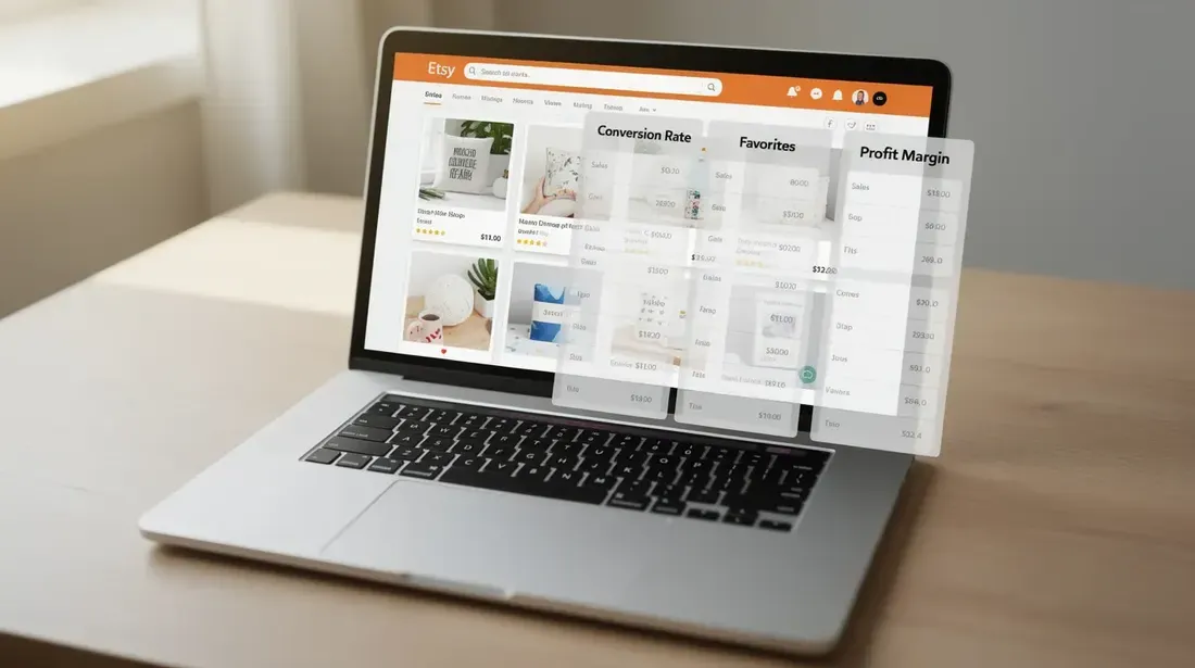 The image shows a laptop on a desk displaying an Etsy search results page, with overlayed data columns that include estimated monthly sales and keyword insights for various Etsy products. This setup highlights the importance of comprehensive product research and sales data for Etsy sellers looking to optimize their listings and increase sales.