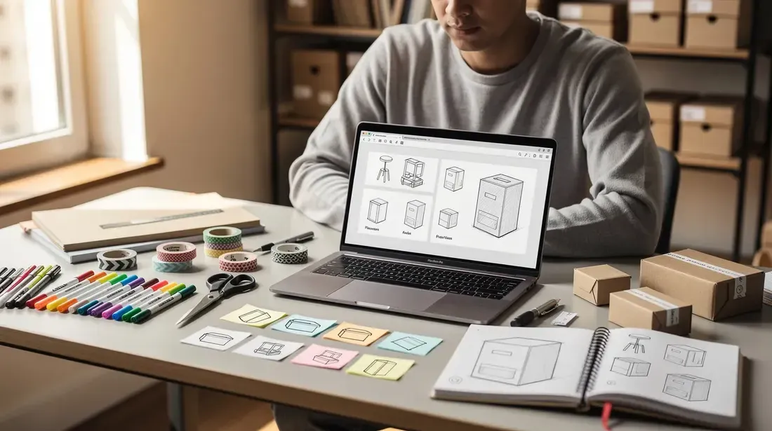 A person is sitting at a desk with an open laptop, surrounded by craft supplies, actively planning product designs for their Etsy shop. The scene reflects a creative workspace focused on product research and sales strategies, essential for Etsy sellers aiming to increase their monthly sales using data-driven insights.