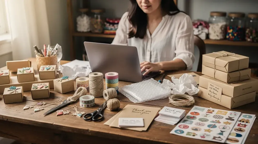 A person is seated at a desk with an open laptop, surrounded by various handmade craft supplies and packaging materials, suggesting they are working on their Etsy shop. The scene captures the essence of creativity and the process of preparing listings for sale, emphasizing the importance of optimizing products for Etsy search and using tools like eRank for effective keyword research.