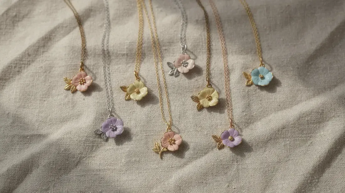 A collection of several handmade necklaces featuring floral pendants is elegantly arranged on a soft linen cloth, showcasing the intricate designs perfect for an Etsy shop. These unique items highlight the creativity and craftsmanship that sellers can optimize for better visibility in Etsy search results.