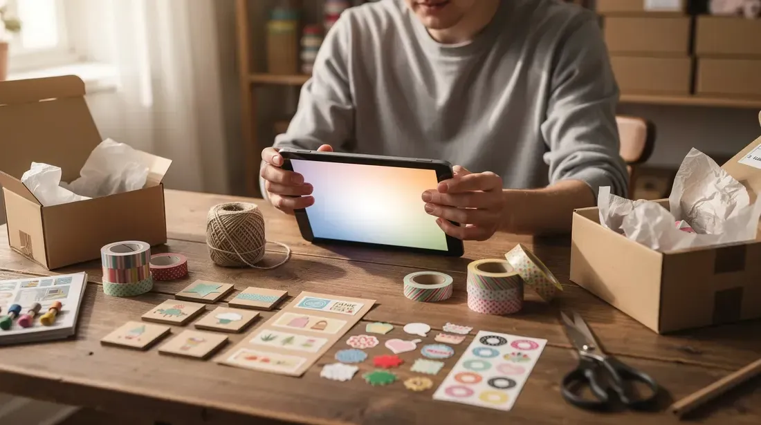 A person is sitting at a table, focused on browsing a tablet screen filled with listings and craft items, while shipping boxes are scattered nearby, indicating an active Etsy shop. The scene reflects a creative environment where the individual is likely researching keywords and optimizing their sales strategy using eRank tools.