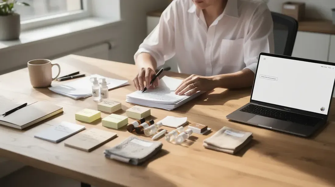 A person is organizing notes and product samples on a large desk, with a laptop nearby, preparing for their business research and sales efforts on platforms like Etsy and Amazon. The scene reflects a workspace dedicated to improving product design and optimizing keywords for better visibility.