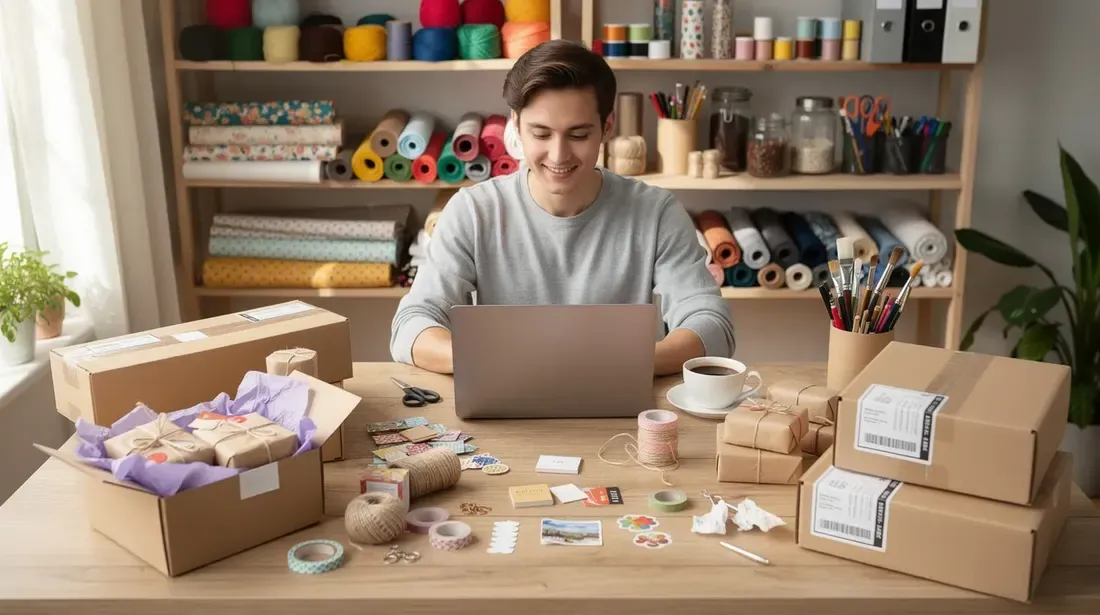 The image shows a person sitting at a desk, focused on a laptop, surrounded by various handmade craft supplies and shipping boxes, indicative of a dedicated Etsy seller. This setup reflects the effort involved in optimizing listings and conducting keyword research to enhance visibility and sales on the platform.