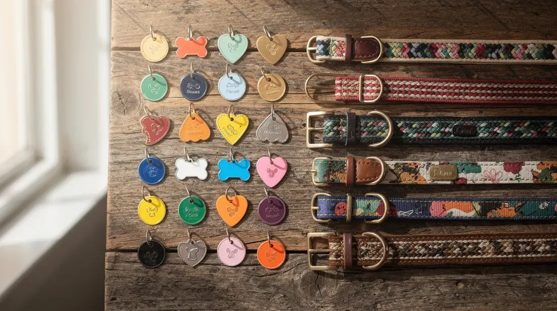 The image features a vibrant arrangement of colorful handmade pet tags and dog collar accessories displayed on a rustic wooden table, showcasing unique designs that appeal to Etsy sellers and dog owners alike. This visually appealing setup highlights the creativity and craftsmanship of products that can enhance visibility in search results and attract real shoppers on platforms like Etsy.