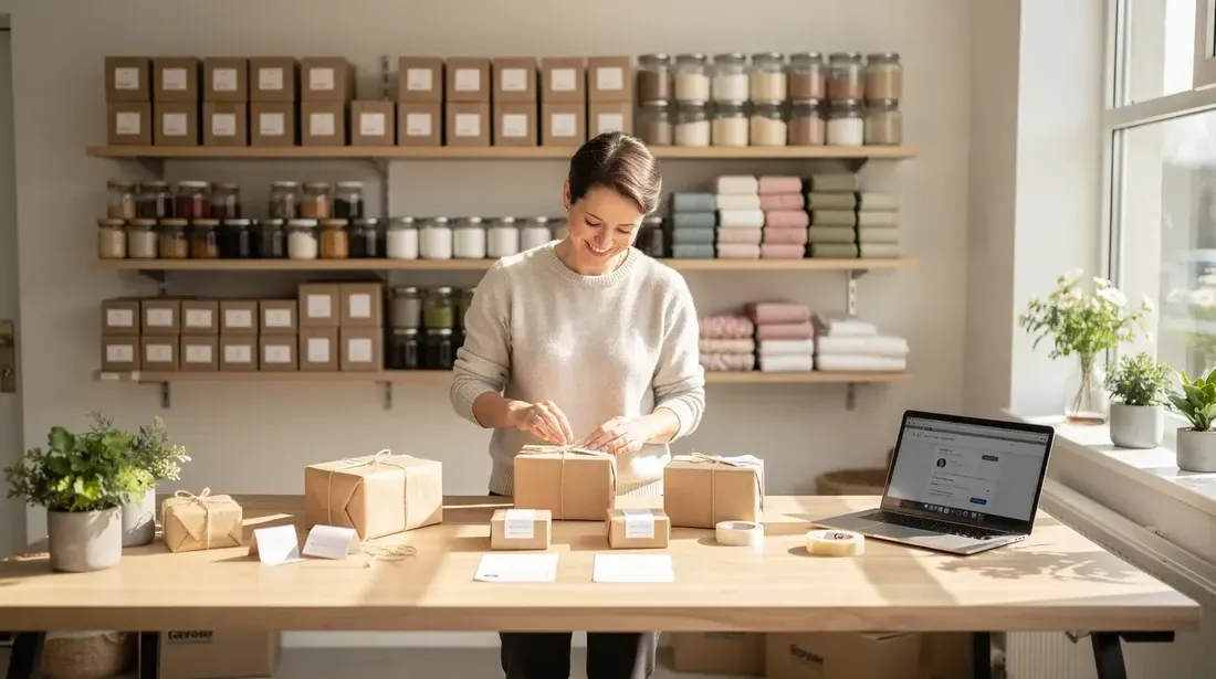 A small business owner is seen packaging handmade products in a bright and organized workspace, with shelves filled with inventory visible in the background. This scene reflects the dedication of Etsy sellers who focus on listing optimization and sales factors to enhance their shop's visibility and attract real shoppers.