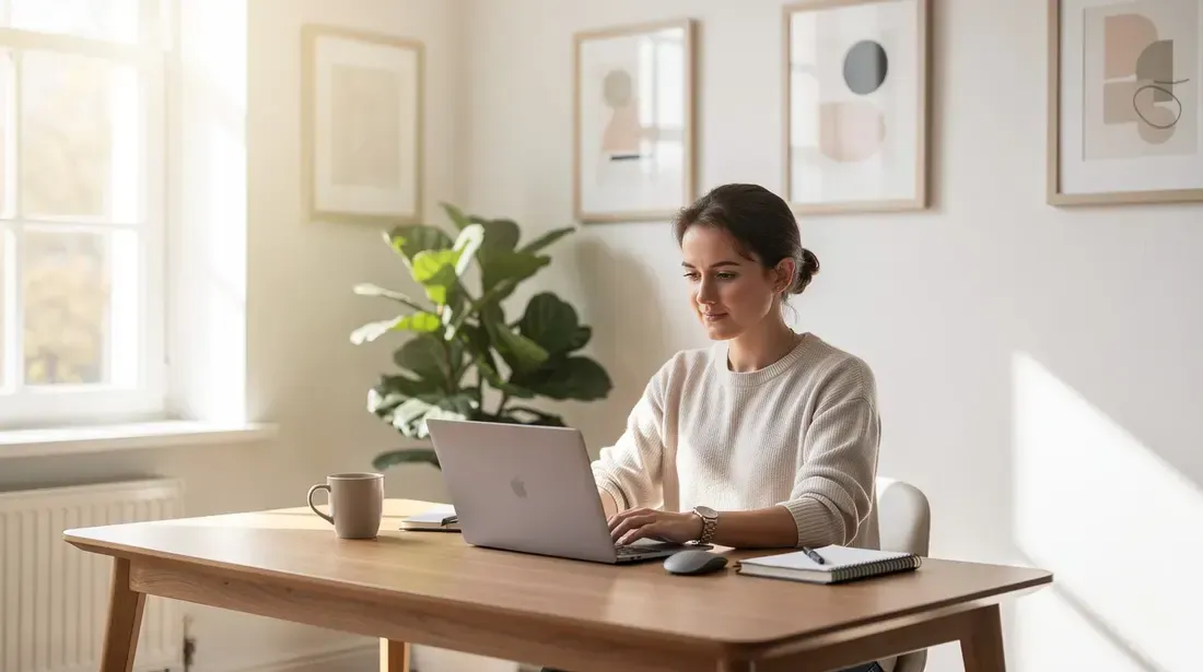 The image shows a person sitting at a bright home office desk, intently browsing on a laptop computer, likely researching Etsy listings and keywords for their shop. The warm, inviting environment suggests a space conducive to productivity, perfect for Etsy sellers looking to optimize their listings and enhance their SEO strategies.