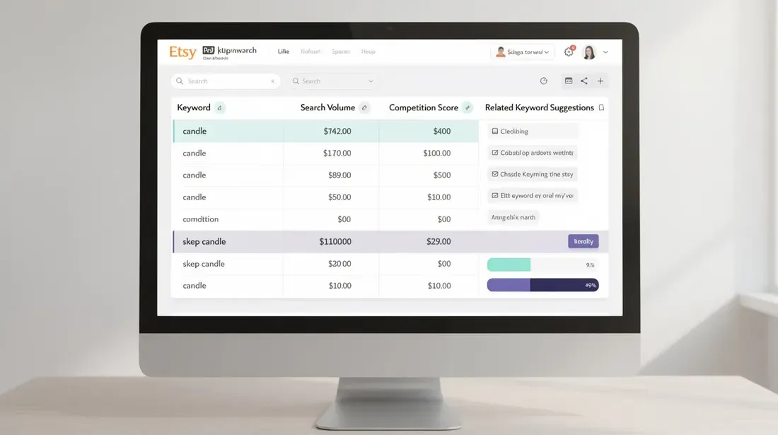 The image depicts a sleek and professional keyword research tool interface tailored for Etsy sellers, showcasing a table with columns for "Keyword," "Search Volume," "Competition Score," and "Related Keyword Suggestions." It highlights the example keyword "candle" with high search volume and competition, alongside a long-tail keyword "skep candle," providing users with valuable insights for effective Etsy listings and optimization.